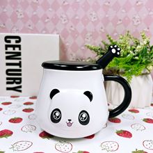 簡約卡通熊貓馬克杯帶蓋勺陶瓷杯可愛表情杯子情侶咖啡杯家用水杯