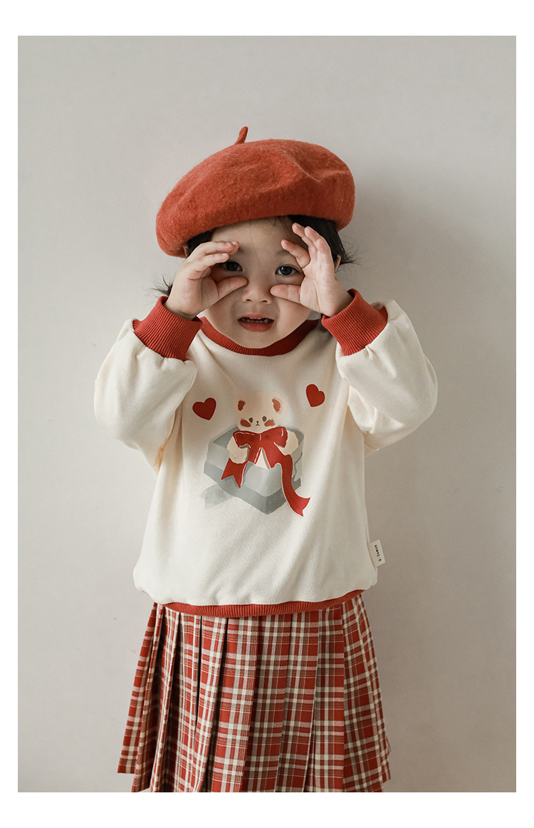 Qiu Duomeng Girls' Cartoon Little Bear Sweater Checkered Set 2024 New Spring and Autumn Children's Top Half Skirt_voghion.com