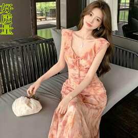 新款收腰显瘦连衣裙荷叶边V领长裙橘红绝美2026女韩国夏碎花茶歇