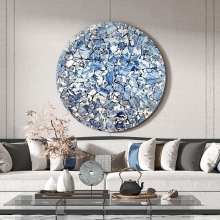 新中式入户玄关立体客厅沙发背景墙青花陶瓷画圆形创意壁画