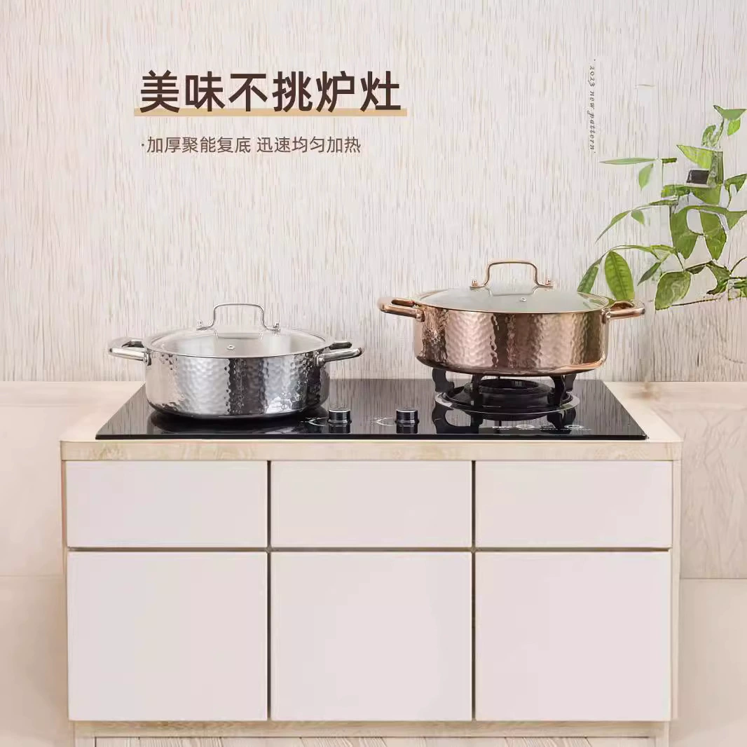 304 火 Shabao hot pot household induction cooker special three -layer steel handmade hammer printing pot soup shabu -shabu -shabu commercial hot pot pot