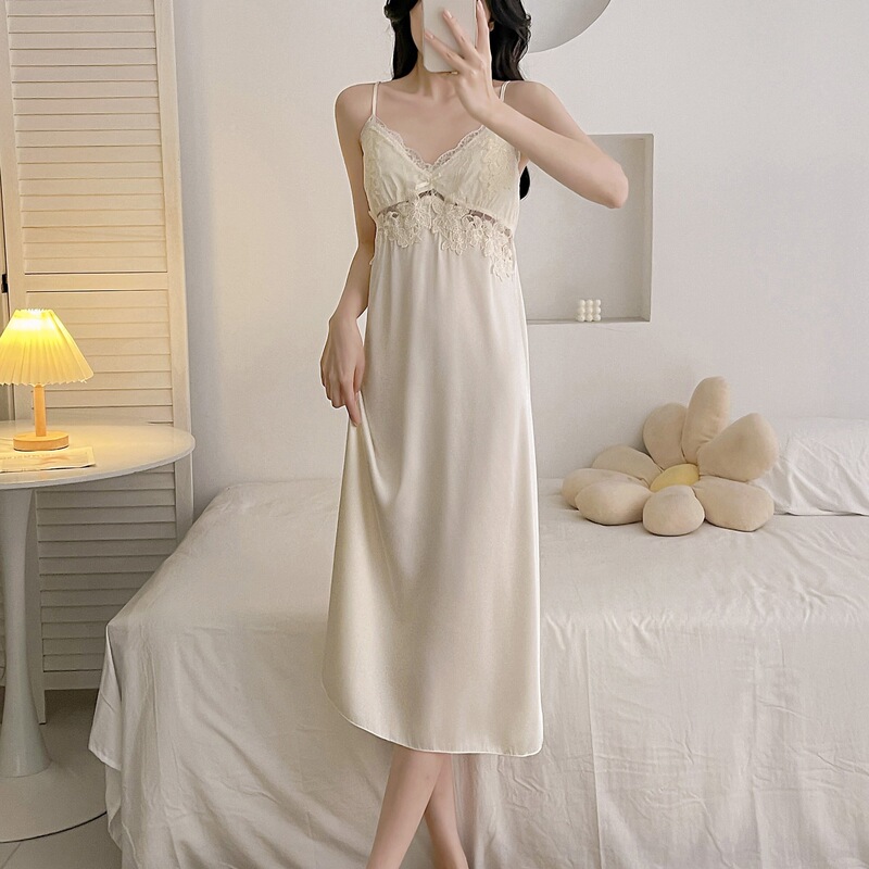 Pure Desire Extra Long Spring/Summer Women's Camisole Nightgown with Chest Pads, Sexy Sleepwear for Tall Women, Two-Piece Thin Nightgown Set