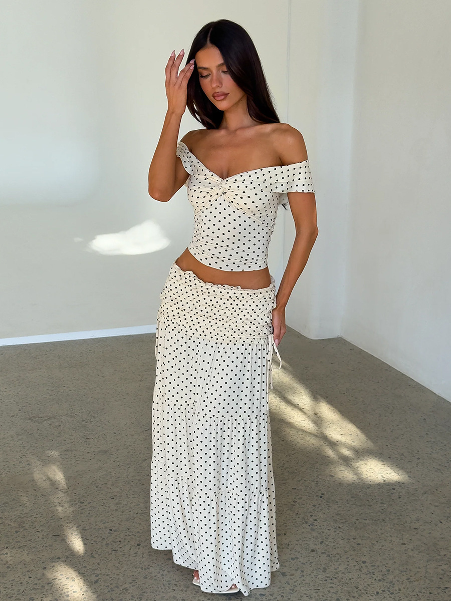 Women's Polka Dot Skirt Set Off-Shoulder Top & Pleated Midi Skirt Summer New Arrival_ecoleips.com
