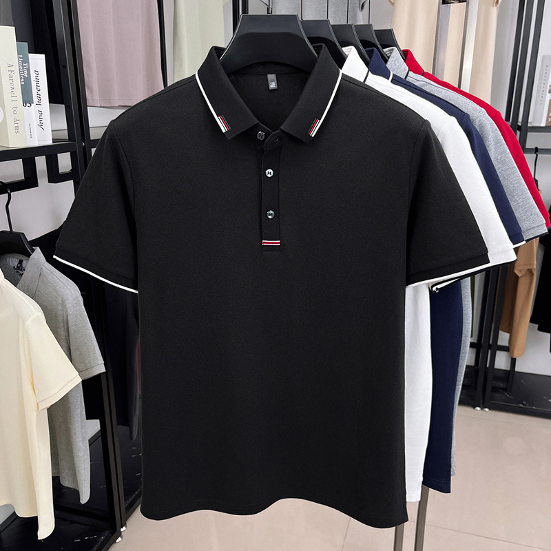 純綿夏の新しいメンズ tシャツ刺繍ハイエンドルーズファッション薄い半袖ラペルアイスシルク半袖メンズ tシャツ|undefined