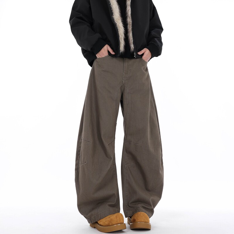 American Style Retro Profile Scimitar Brown Jeans Unisex cleanfit Deconstructed All-match Wide-leg Banana Trousers Trendy