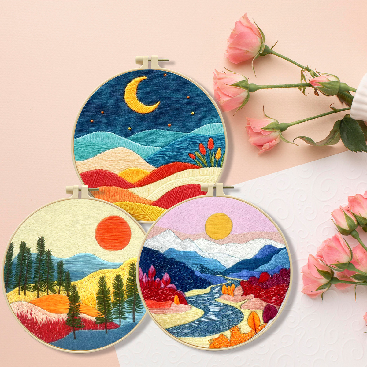 Bordado transfronterizo de nuevos productos, combinación de paisaje, sol y luna, bordado de paisaje hermoso, paquete de material para principiantes, bordado de fábrica