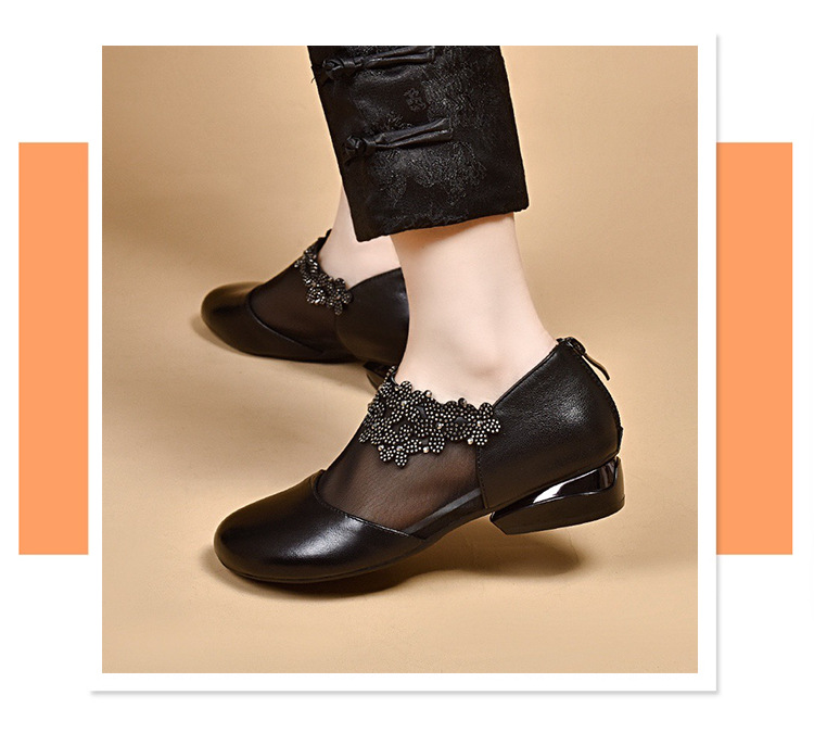 Sandal da bò thật mũi tròn đế bệt lưới thoáng khí cho nữ — Màu đen chi tiết 2
