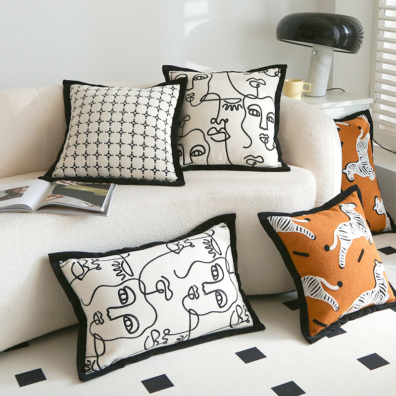 Nordic Ins Pillow Case Geometric Embroidery Square Sofa Cushion with Pillow Core Bedroom Bay Window Waist Pillow Removable and Washable