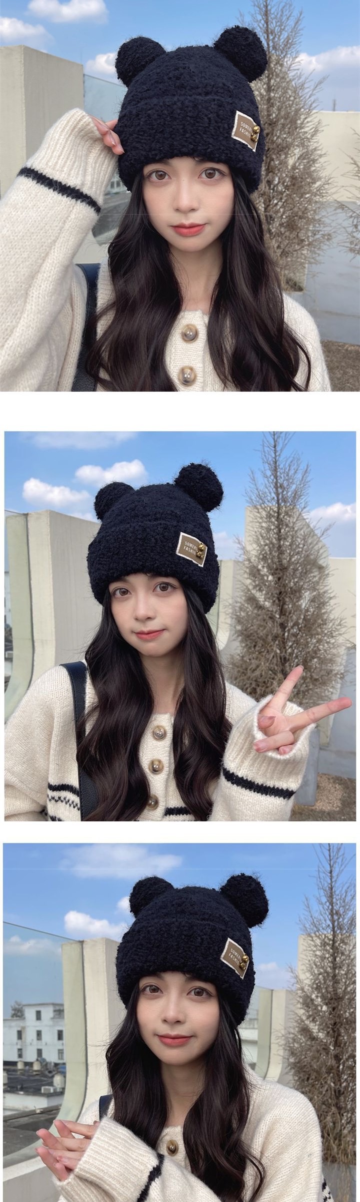 Petit bonnet ours pour femme, couleur kaki, à pompon, chaud pour l'hiver, épais, protection des oreilles, joli bonnet tricoté pour les étudiantes_voghion.com