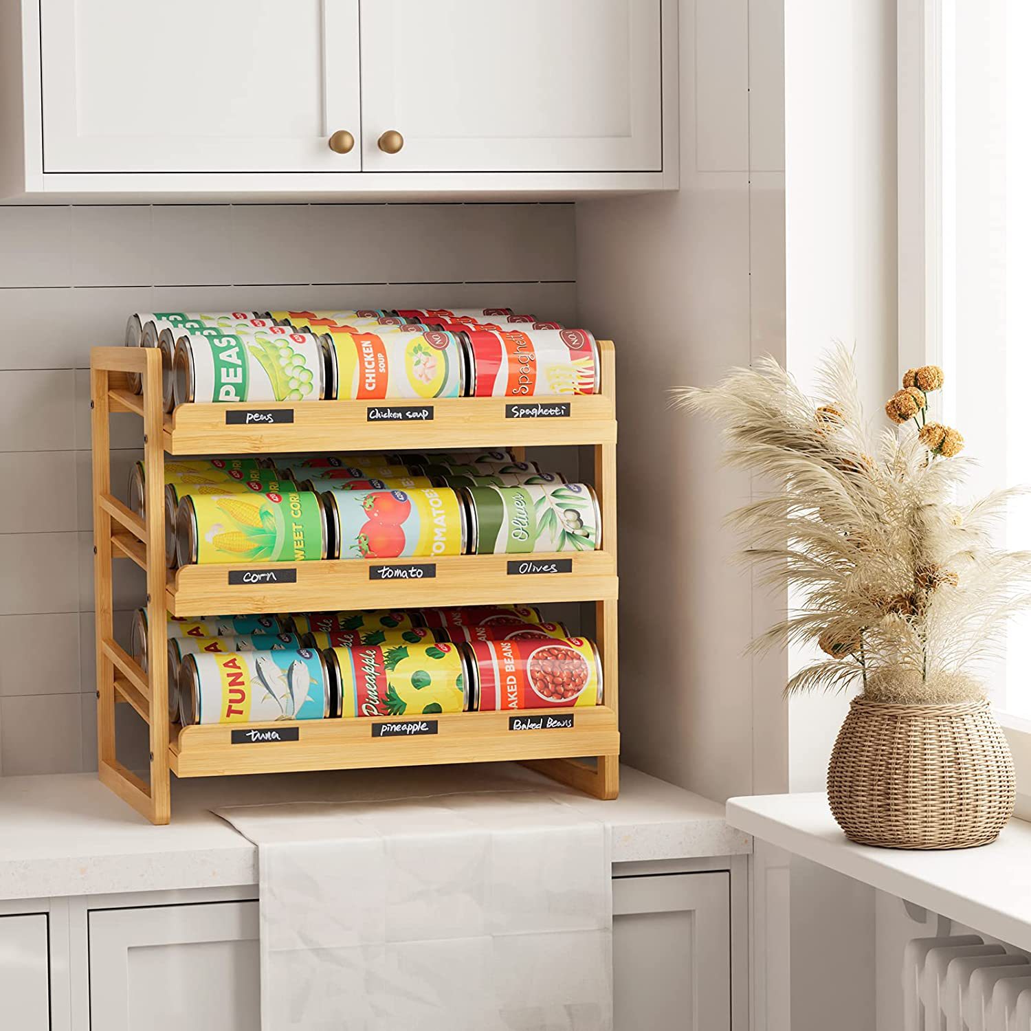 Bamboo stacking tank storage rack tape label sticker kitchen cabinet food storage room storage wooden rack