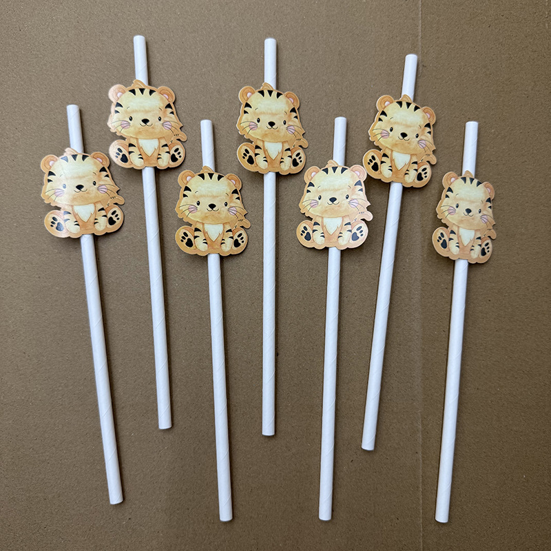 Jung Sen temático animal tigre tarjeta paja desechable postre fiesta decoración papel paja