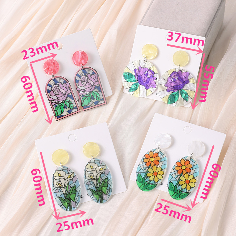 16g Weight Dangling Earrings Classification 1 Pair Quantity Holiday, Daily Occasion Acrylic Material Sunflower, Rose, Chrysanthemum Pattern Women's Gender Printing, Flowers Design Sweet Style 1 Pair Sweet Sunflower Rose Chrysanthemum Printing Flowers Arylic Dangling Earrings 无