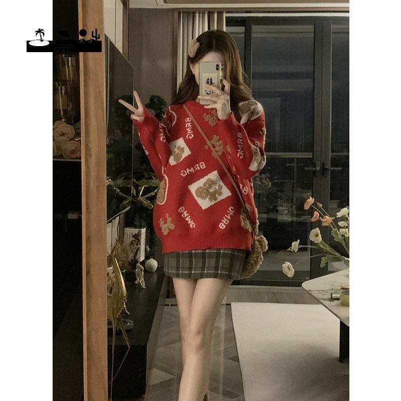 2025 Spring and Winter New Christmas Year of the Snake Cute Red Sweater Women's Clothes Loose Lazy Style Long Sleeves for Outerwear