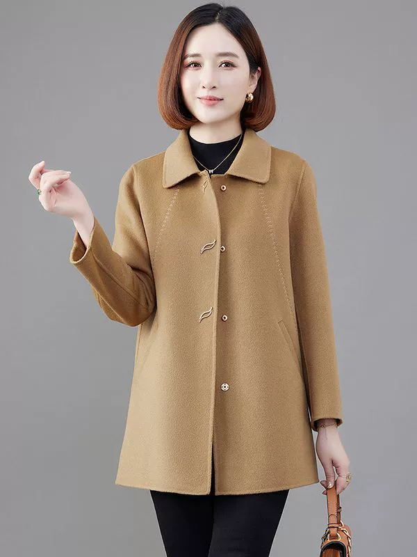 Double-Sided Velvet Wool Coat for Mothers - Demi-Season, Plus Size, Classic Collar, Cozy Warmth