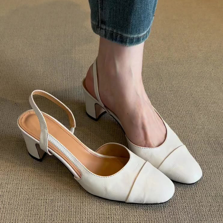 Genuine leather vintage -style distressed round-toe sandals for women, spring and autumn, with chunky heel and back strap, elegant Mary Jane shoes