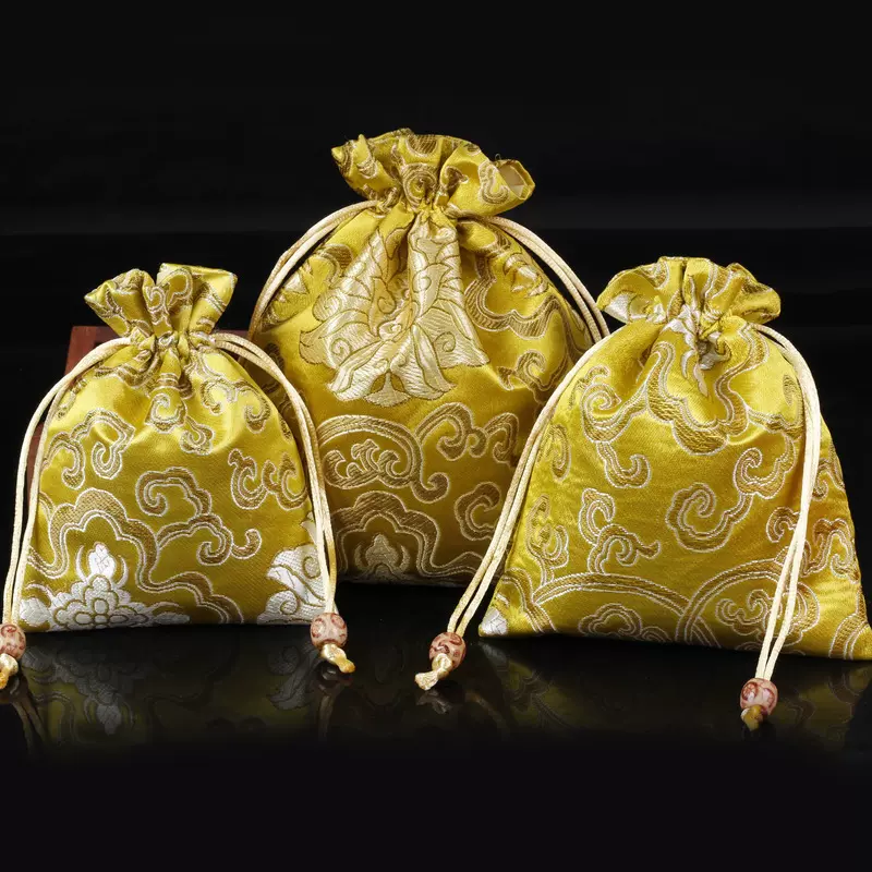 香囊挂件复古香包刺绣金黄富贵花中式收纳袋珠宝袋佛珠袋16*19