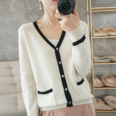 小香风开衫女短款V领纯羊毛衫拼色针织衫外套宽松时尚休闲毛衣|ms