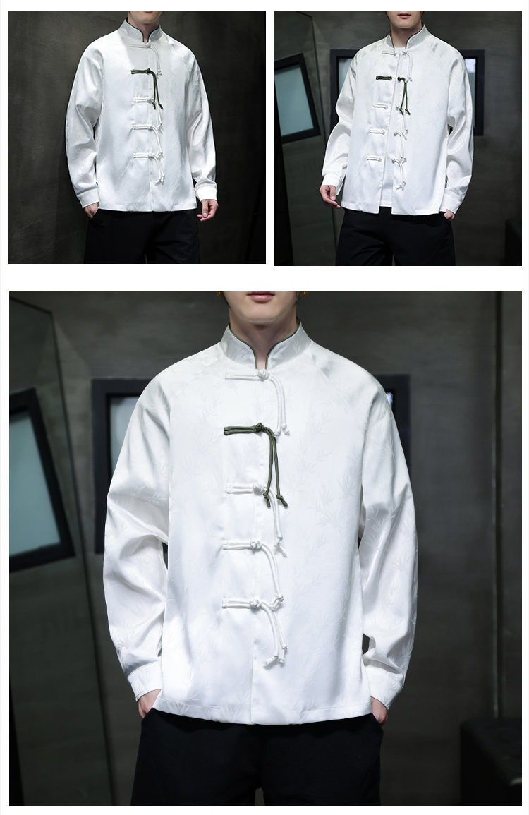 Black Hole Scenery Spring/Summer New Product Chinese Style Bamboo Leaf Silk Jacquard Long sleeved Shirt Button Standing_vogarts.com