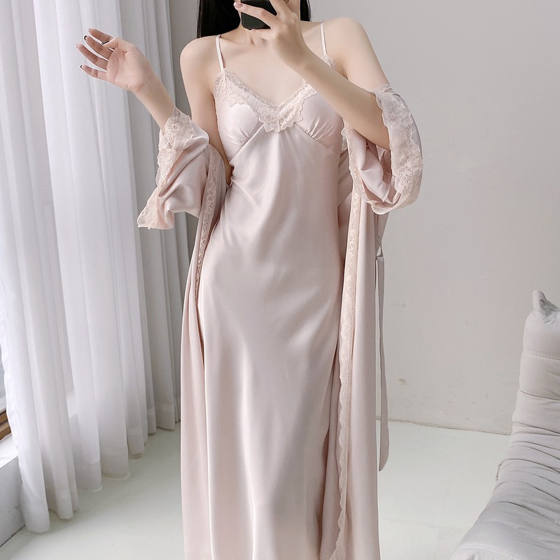 Spring, Autumn and Summer Ice Silk Long-Sleeved Nightgown, Extra Long Bathrobe, High-End Home Wear with Breast Pads, Pajamas, Suspender Nightgown for Women