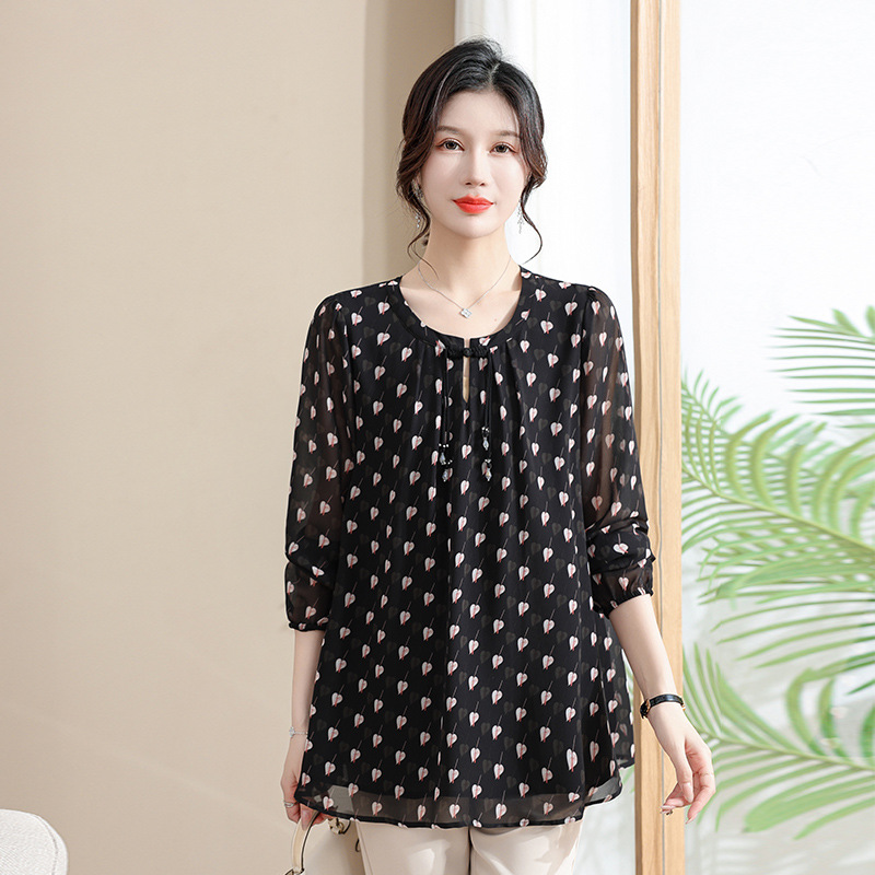 Early autumn loose slimming three-quarter sleeve chubby girl chiffon printed shirt top for moms middle-aged women's clothing