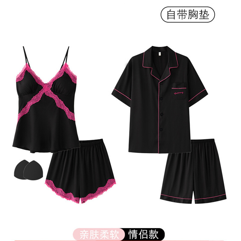 Couple Pajamas Women's Summer Ice Silk Thin Sexy Sling Shorts suit Men's plus size Short-sleeved Light Luxury Home Clothes