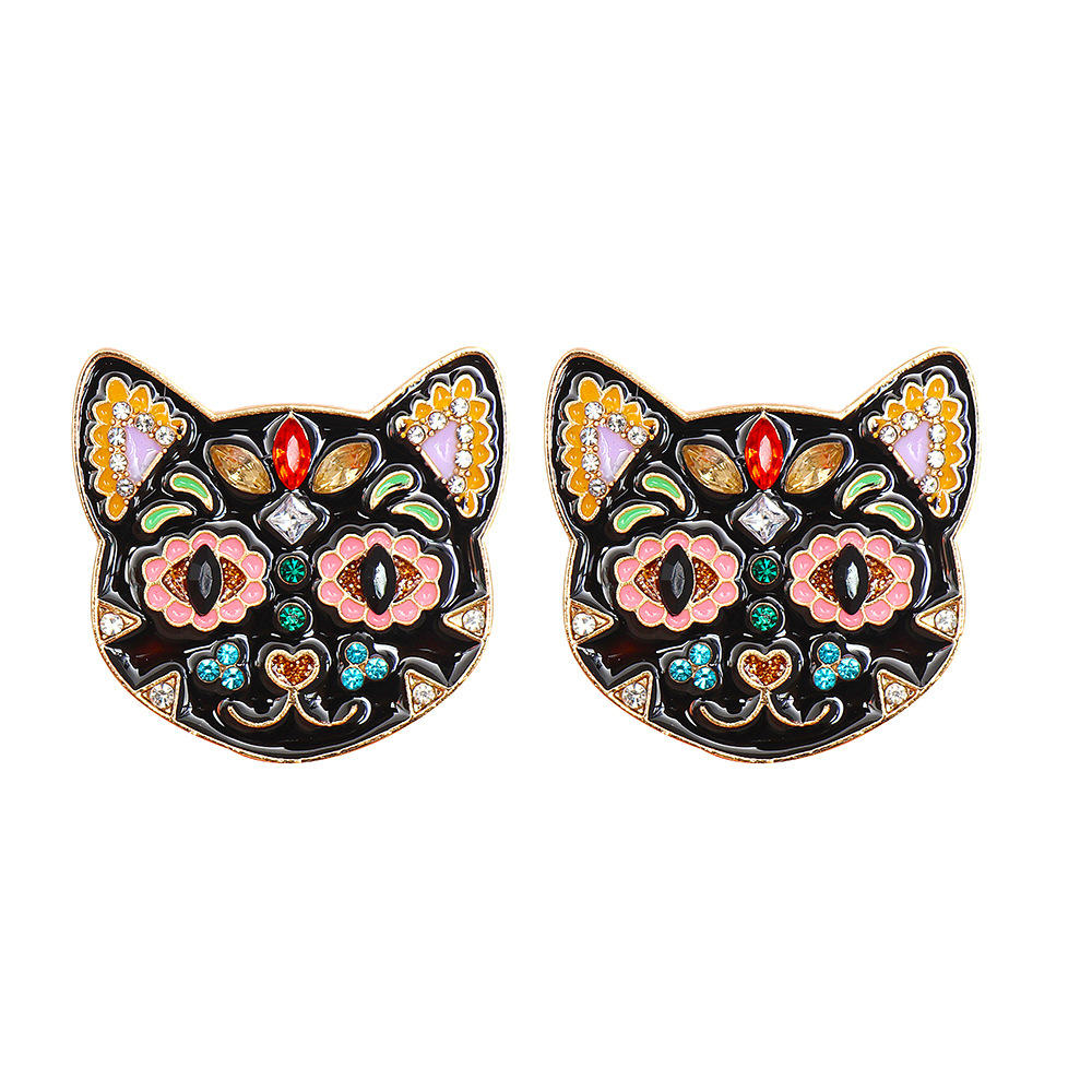 55625 Europe And America Creative Black Cat Colorful Cat Funny Earrings Halloween Ghost Festival Ear Studs Oil-plated Diamond Earrings display picture 8