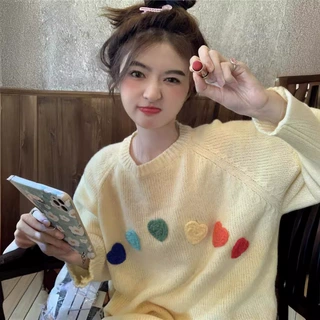 现货韩系元气少女毛衣女2024秋冬新款立体彩色爱心宽松圆领针织衫
