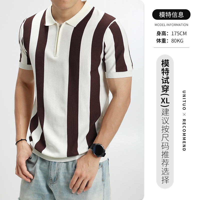 Camisas de polo de hielo de estilo antiguo, cuello de paleta de hombre, rayas de manga corta, Europa y Estados Unidos, retro transfronterizos, camisas de hombre de alta calidad