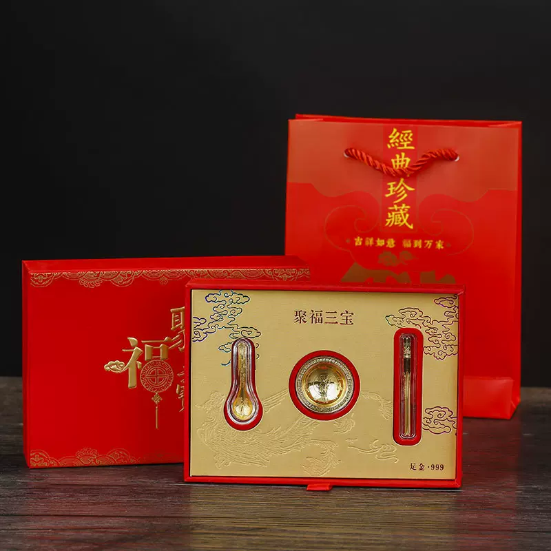 999足金聚福三宝金碗筷 兔年吉祥物创意摆件银行保险商务会销礼品