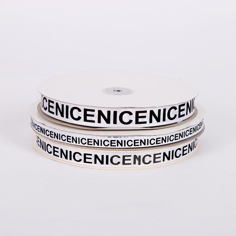 批发定 制1cm-4cm白色螺纹带印黑色英文NICE印花带鲜花包装礼品带