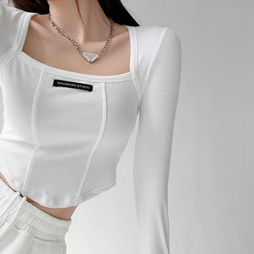Women's Sweet and Spicy Style Long-Sleeve T-Shirt with American Fishbone Noodle Collarbone Design Fitted Short-Sleeve Top