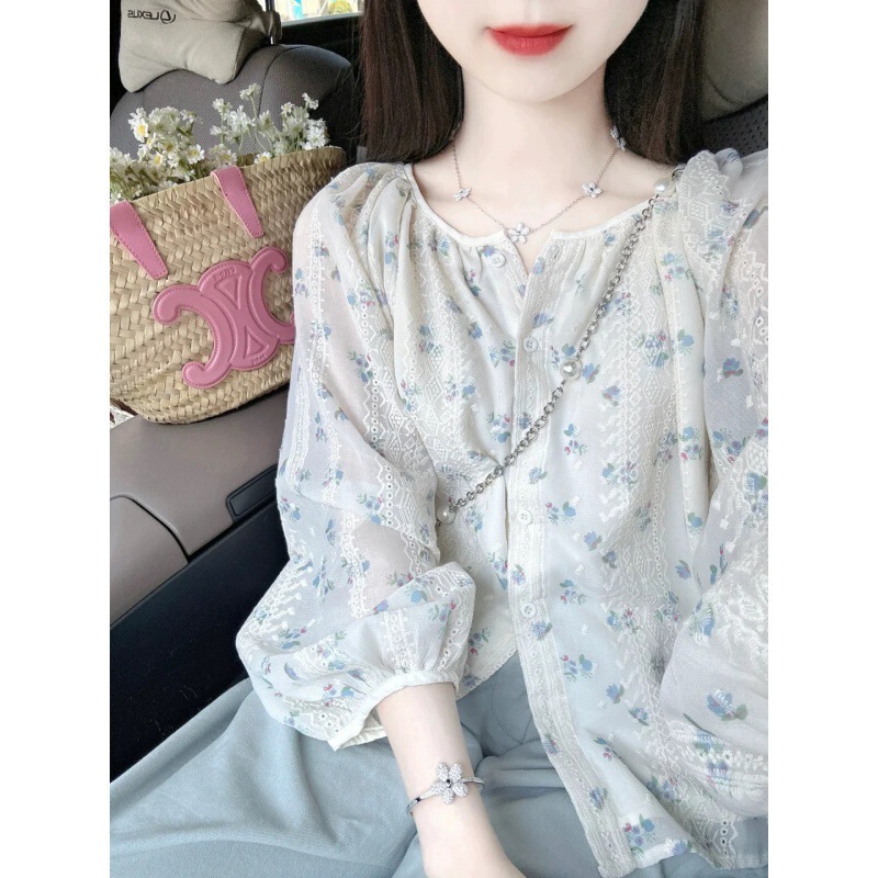 French Style Floral Puff Sleeve Chiffon Shirt Women's Spring and Summer Design Niche Loose Slimming Lace Embroidered Top French Style Floral Puff Sleeve Chiffon Shirt Women's Spring and Summer Design Niche Loose Slimming Lace Embroidered Top