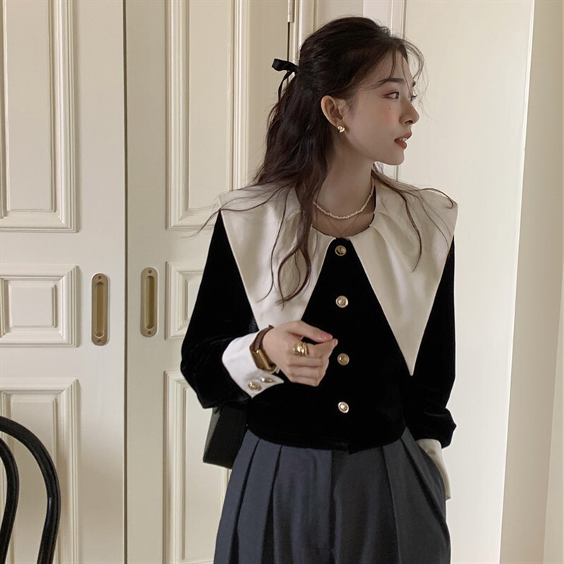 French High-End Pointed Collar Shirt for Women, New Autumn and Winter Style with Black Lapel Gold Velvet Top