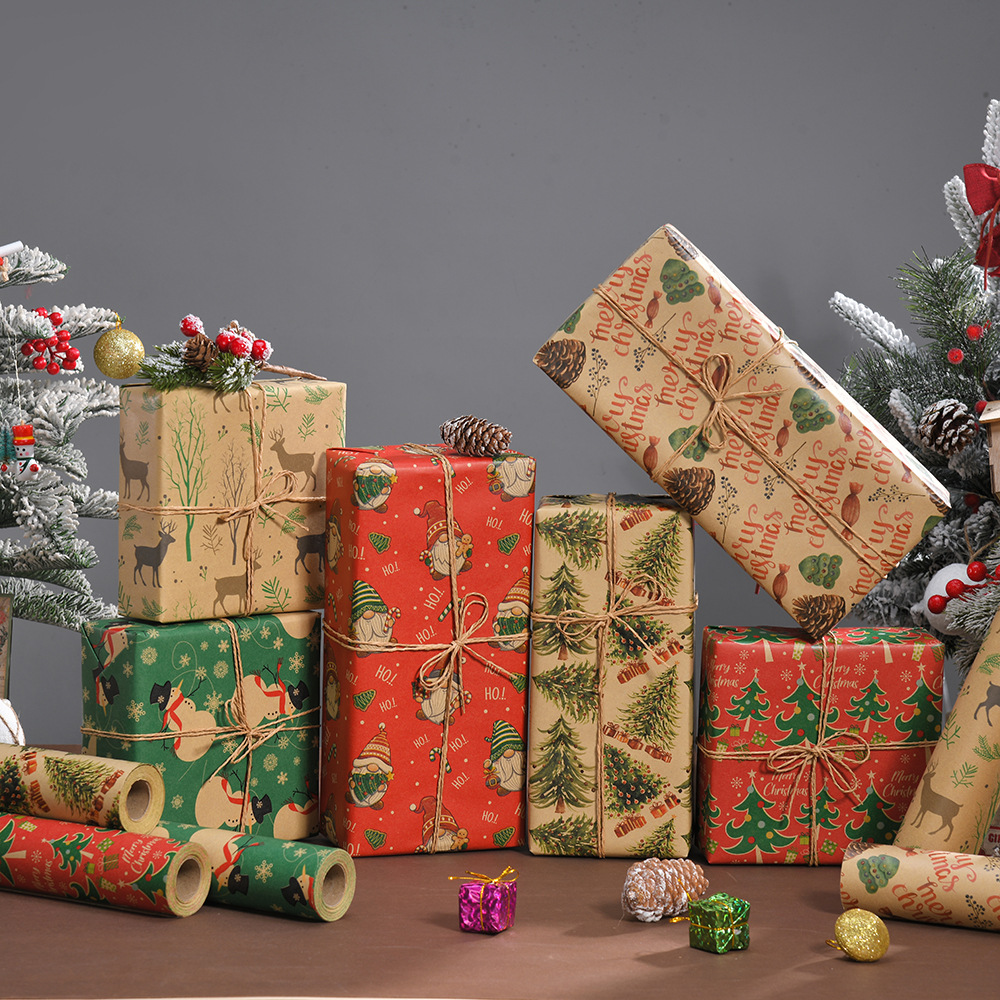 Venta caliente transfronteriza, rollo de gran tamaño, papel de regalo de Navidad, papel kraft retro, papel de regalo de Navidad, papel de regalo
