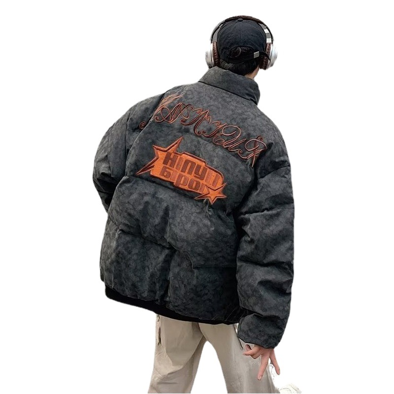 Estilo americano retro pareja suelta marca de moda pan abrigo de algodón acolchado de los hombres de la calle hip hop abrigo de algodón acolchado bordado de invierno