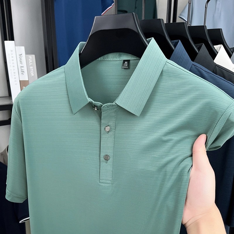 中年男性向け半袖Tシャツ、カジュアル無地ポロシャツ、夏用ラペルアイスシルク通気性半袖トップス、ドロップシッピング|undefined
