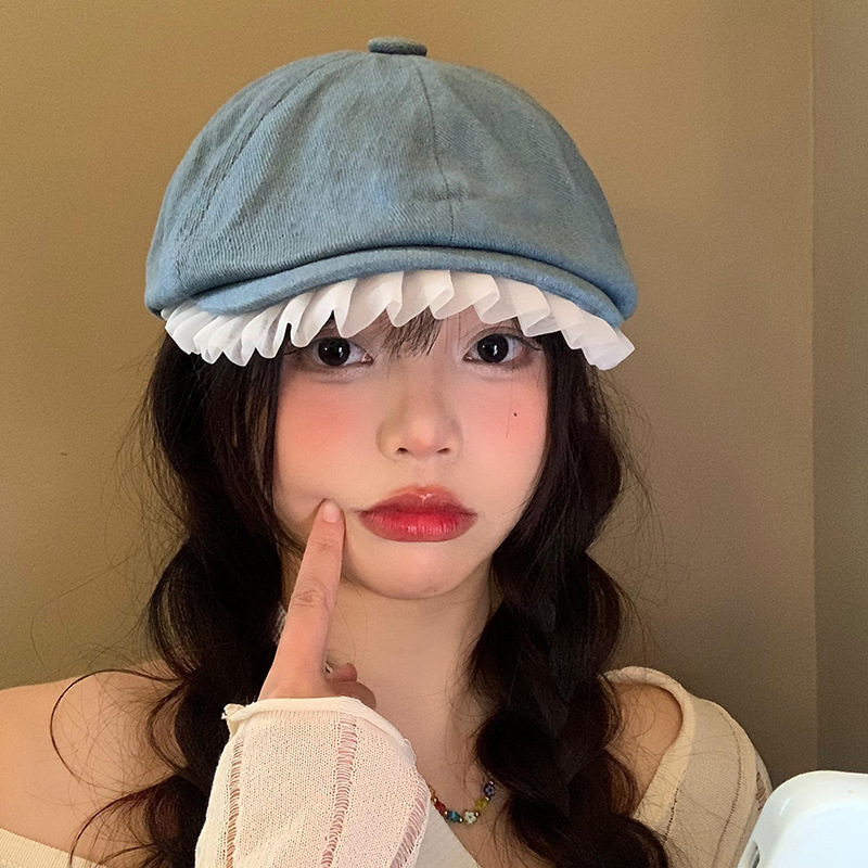 Boina de vaquero de encaje para mujeres primavera y verano estilo japonés retro cara pequeño pintor sombrero versátil gorro de avance