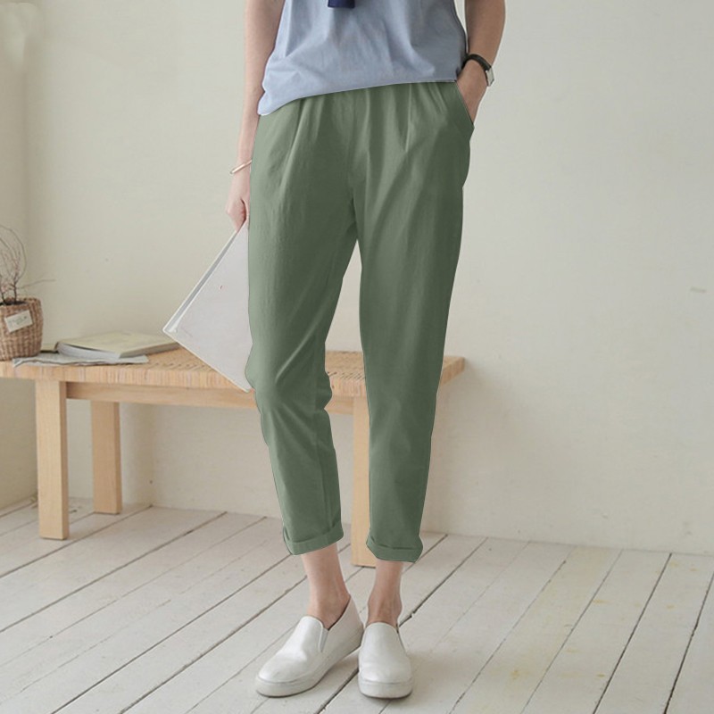 Women's High-Waisted Harem Pants 2026 Spring/Summer Casual Elastic Waist Cotton Linen Cropped Trousers Versatile Fashion_ecoleips.com