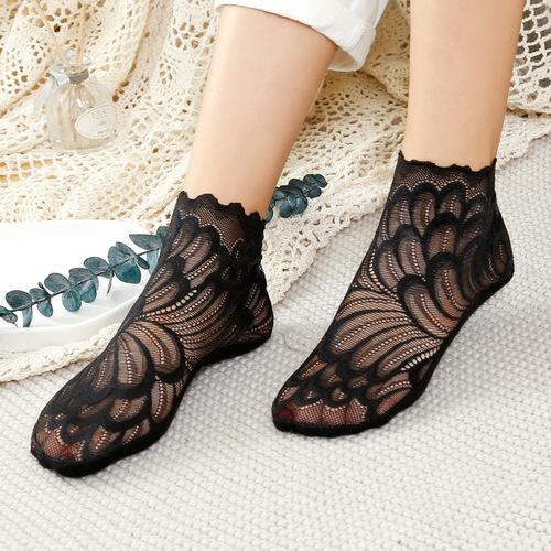 日系袜子女短筒船袜可爱纯色棉底透气中筒网纱蕾丝花边不掉跟潮袜