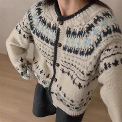レトロなフェア島の丸首のセーターの女性の秋冬の新型の怠惰な高級感の民族風のジャカードのニットのカーディガンの上着