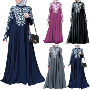 Factory Direct Supply of New Muslim Women's Long-Sleeved Stand-Up Collar Flower Print Large Swing Skirt Ethnic Style
