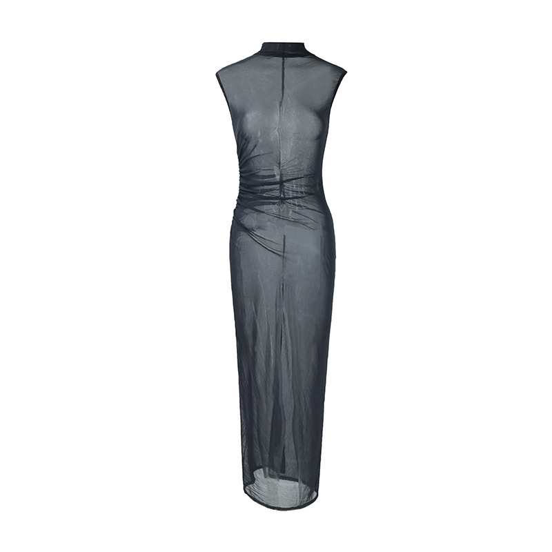 2025 European And American Style Summer New Sexy Women's, Slim-fit Sheer Stand-up Collar Sleeveless Back-slit Mesh_ecoleips.com