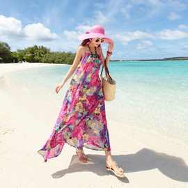 泰国巴厘岛海边度假沙滩裙女波西米亚长裙雪纺碎花吊带连衣裙