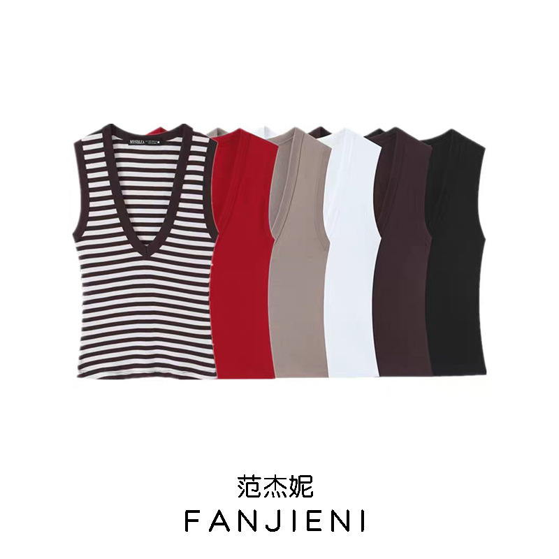 Zr Foreign Trade Wholesale European and American Style Women's Fashion Versatile Slim Fit Sleeveless V-Neck Tank Top T-Shirt 4174301