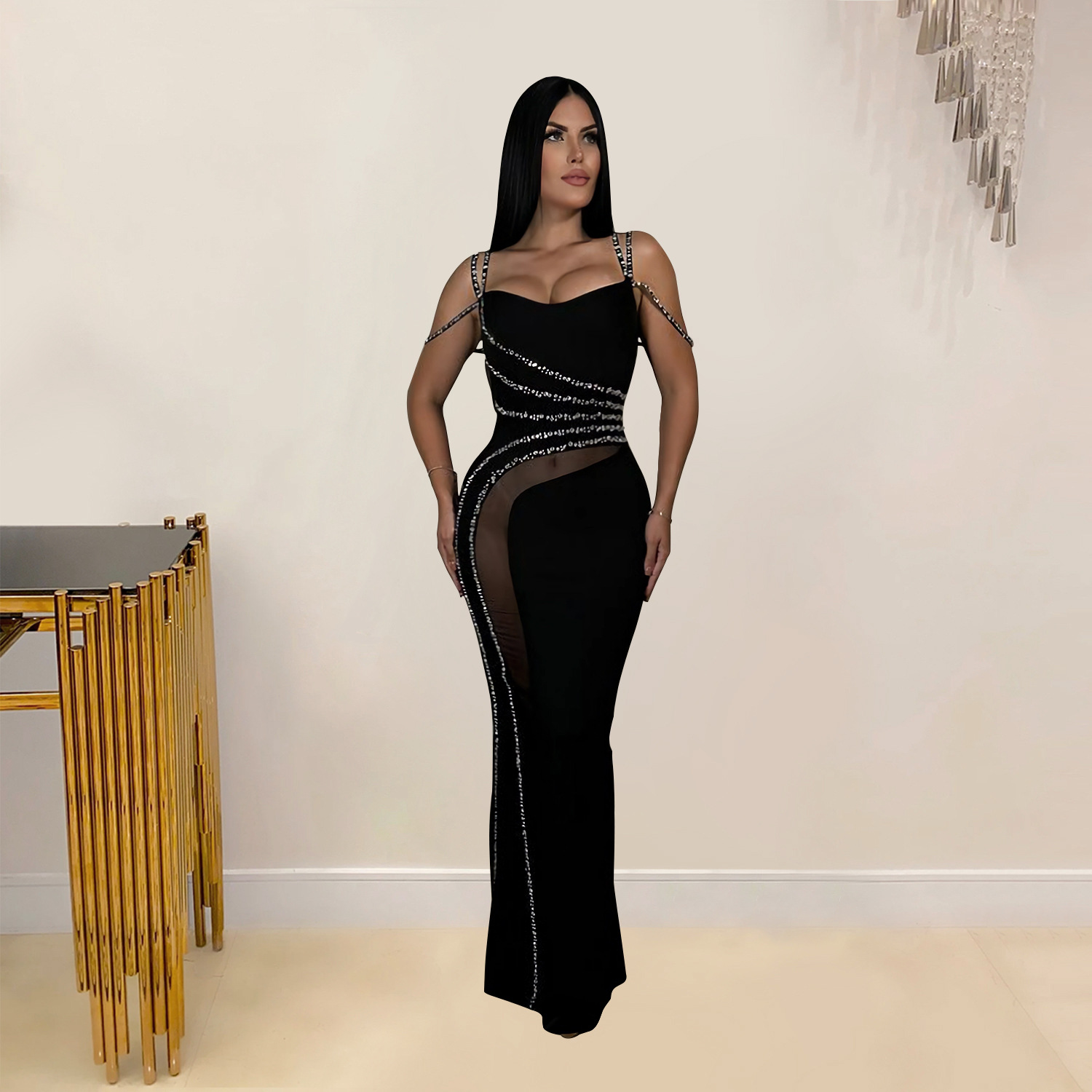 C7027 Cross-border AliExpress Amazon Estación independiente Moda europea y americana Vestido de malla de color sólido de diamantes calientes para mujer Nuevo image 3