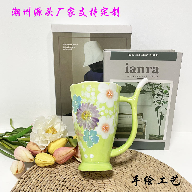 纯手工彩绘吸管杯健康釉下彩马克杯吸管果汁杯日式濑户烧高端大杯