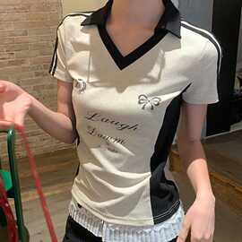 美式上衣V领字母印花休闲短袖t恤女修身拼色辣妹性感百搭上衣跨境