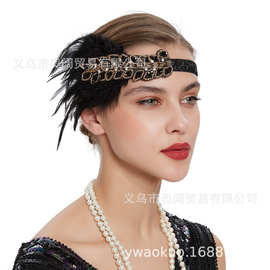 1920s舞会礼服配饰黑色钻镶钻羽毛头带欧美印第安民族发饰头饰