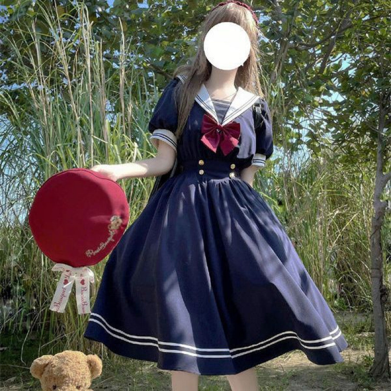 Japanese-Style Sweet Navy Bow Waist-Slimming Short-Sleeve Dress for Female Students, Mid-Length Versatile Dress