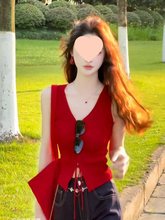 红色绑带v领无袖针织背心女夏季短款外穿法式别致洋气小吊带上衣